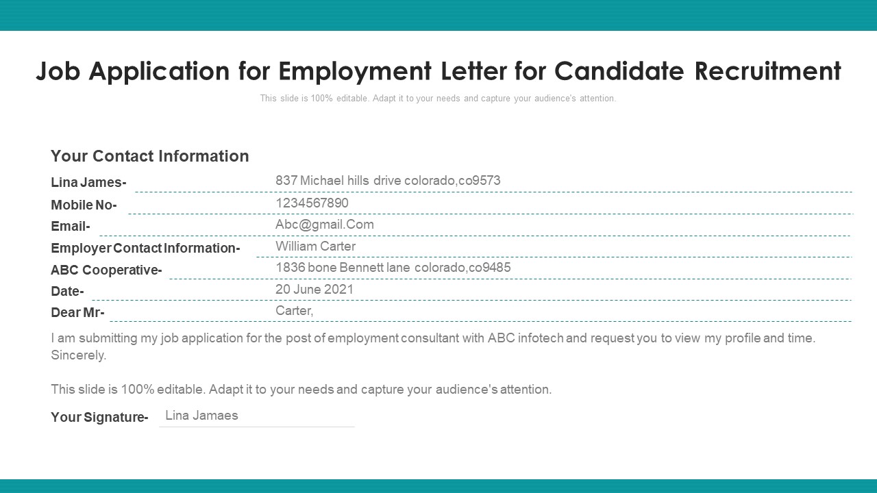 Job Application For Employment Letter For Candidate Recruitment Ppt PowerPoint Presentation Gallery Deck PDF
