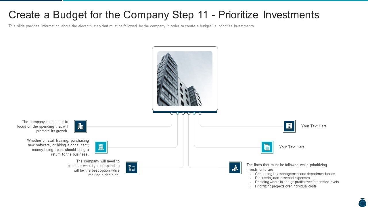 Key Elements And Techniques Of A Budgeting System Create A Budget For The Company Step 11 Prioritize Investments Icons PDF