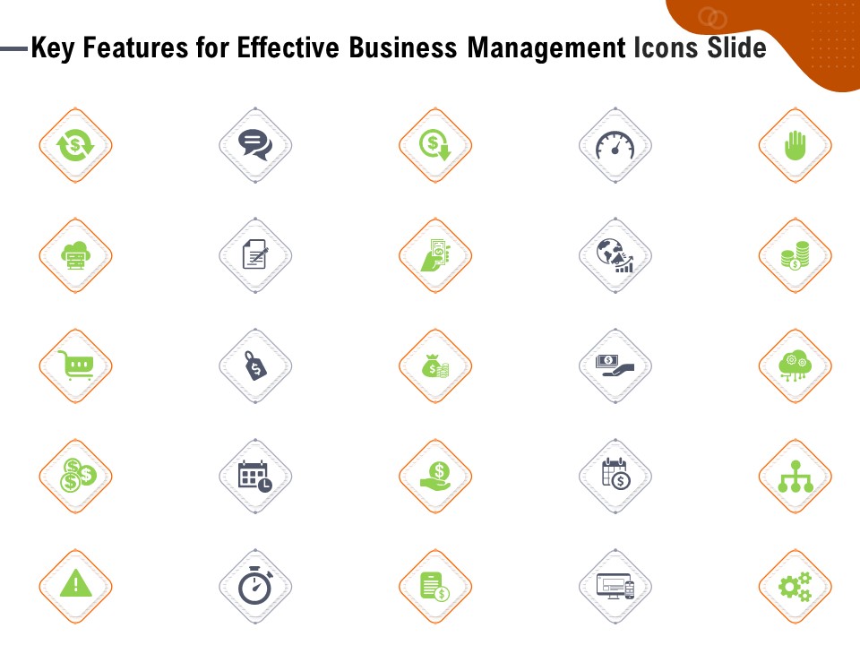 Key Features For Effective Business Management Icons Slide Ppt Inspiration Files PDF