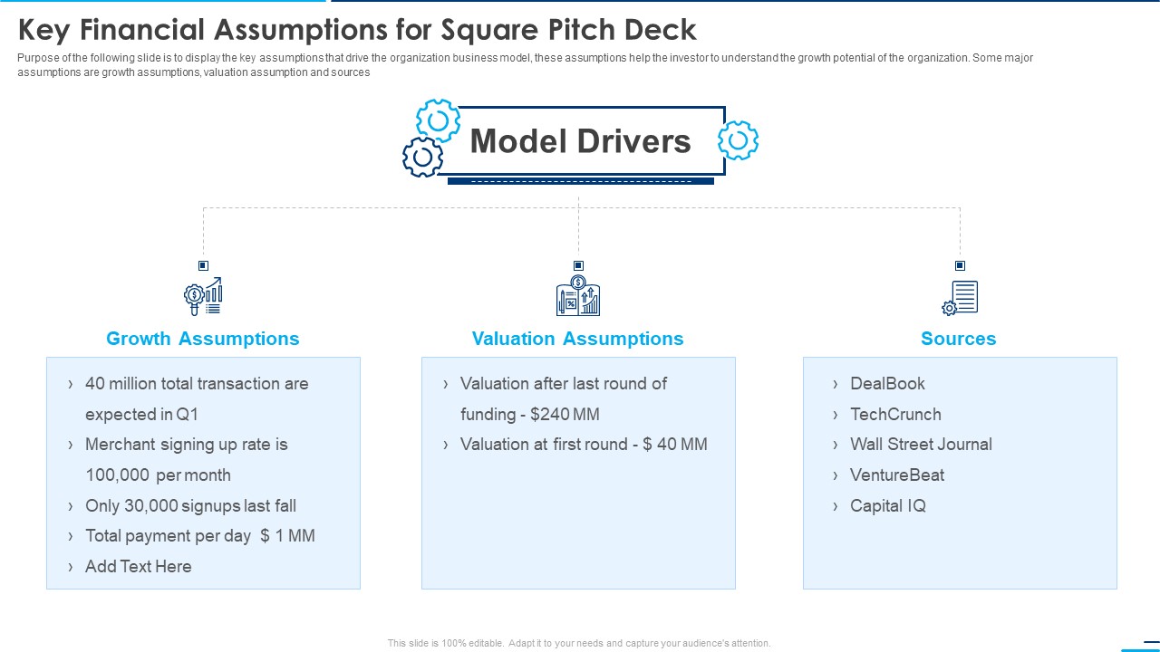 Key Financial Assumptions For Square Pitch Deck Ppt Slide PDF