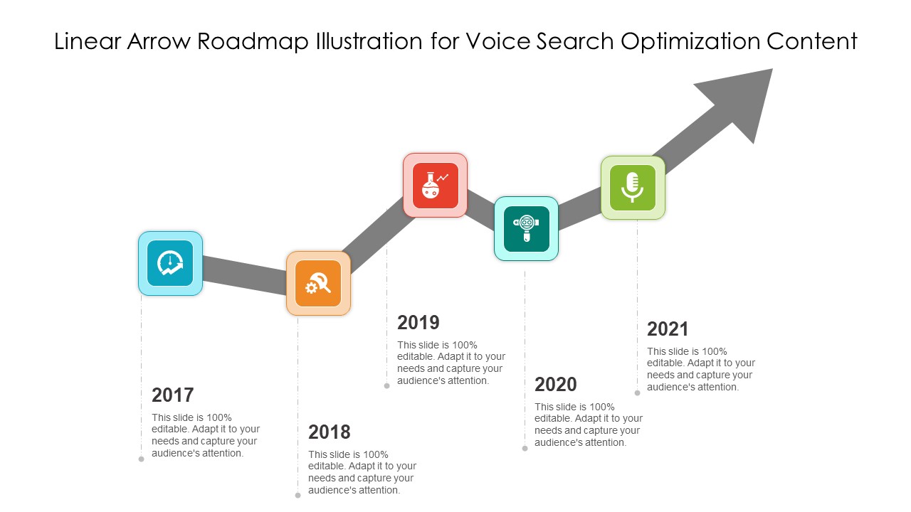 Linear Arrow Roadmap Illustration For Voice Search Optimization Content Ppt PowerPoint Presentation File Graphic Tips PDF
