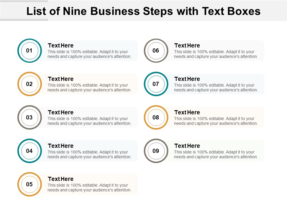 List Of Nine Business Steps With Text Boxes Ppt PowerPoint Presentation Summary Shapes