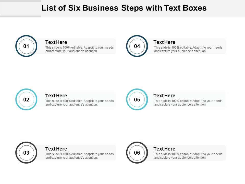 List Of Six Business Steps With Text Boxes Ppt PowerPoint Presentation Visual Aids Summary