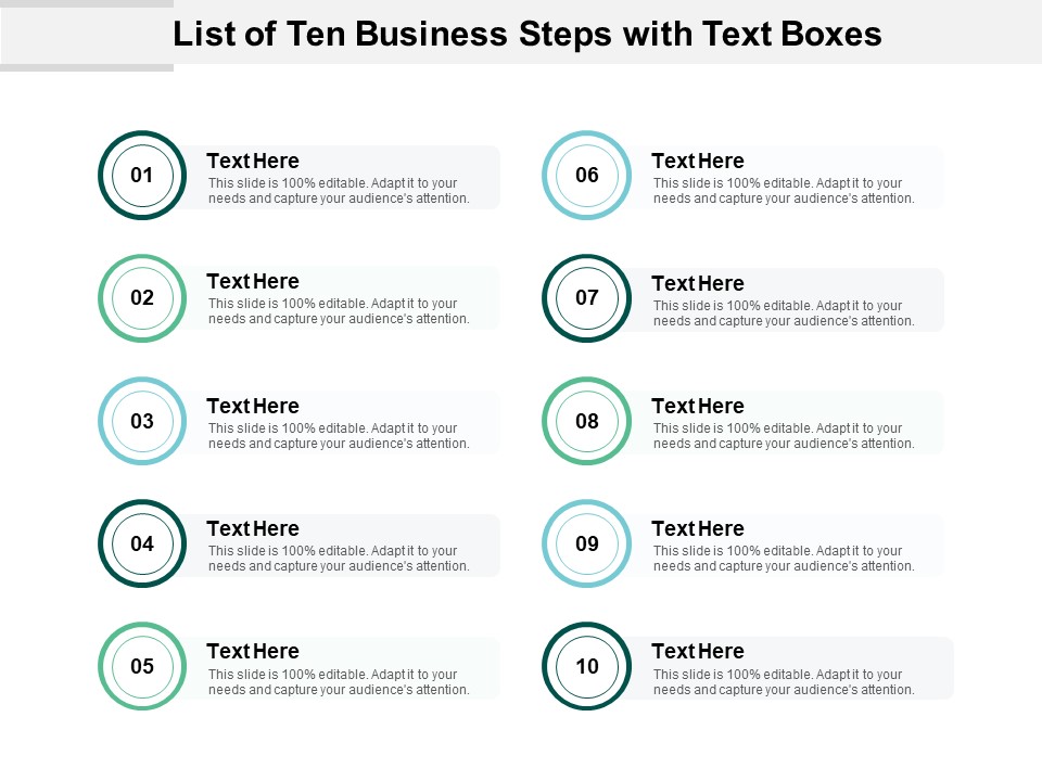 List Of Ten Business Steps With Text Boxes Ppt PowerPoint Presentation Layouts Designs Download