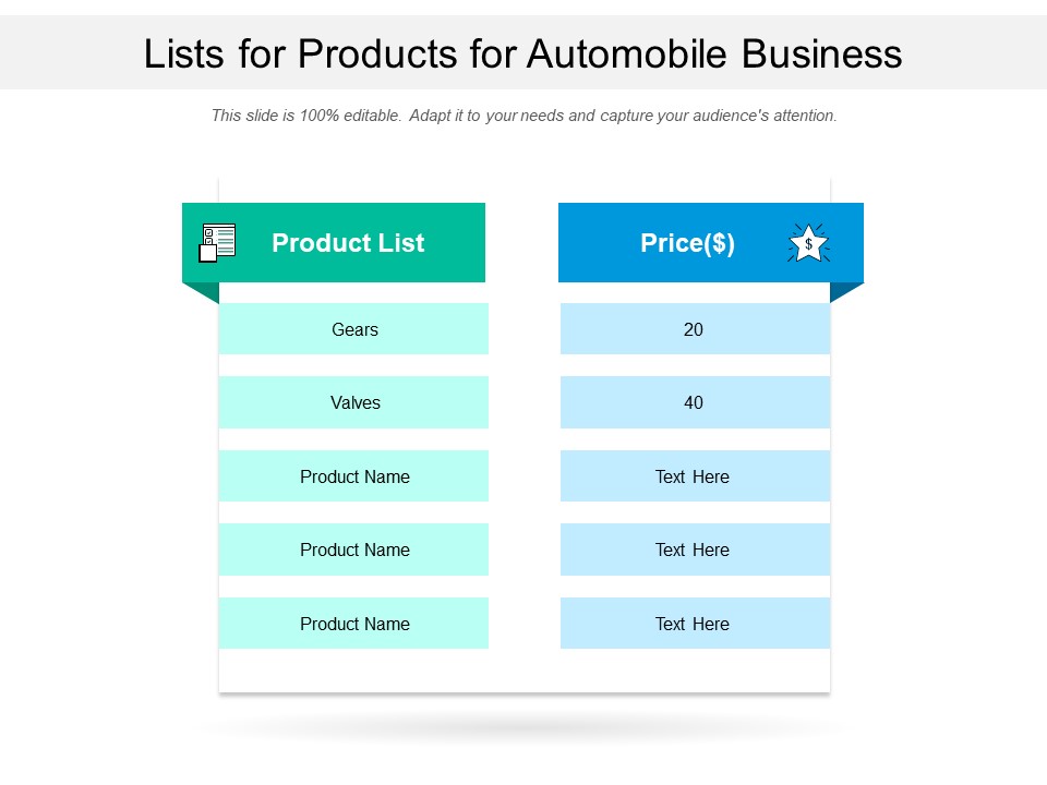 Lists For Products For Automobile Business Ppt PowerPoint Presentation File Ideas PDF