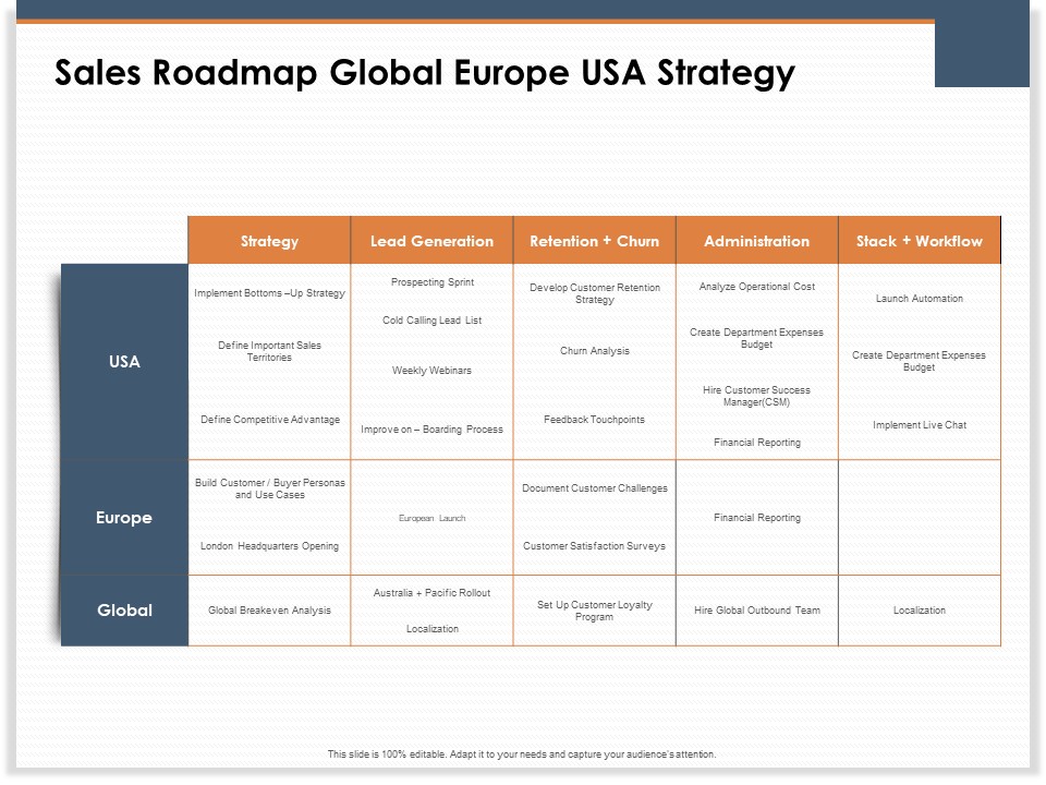 Main Revenues Progress Levers For Each Firm And Sector Sales Roadmap Global Europe USA Strategy Download PDF