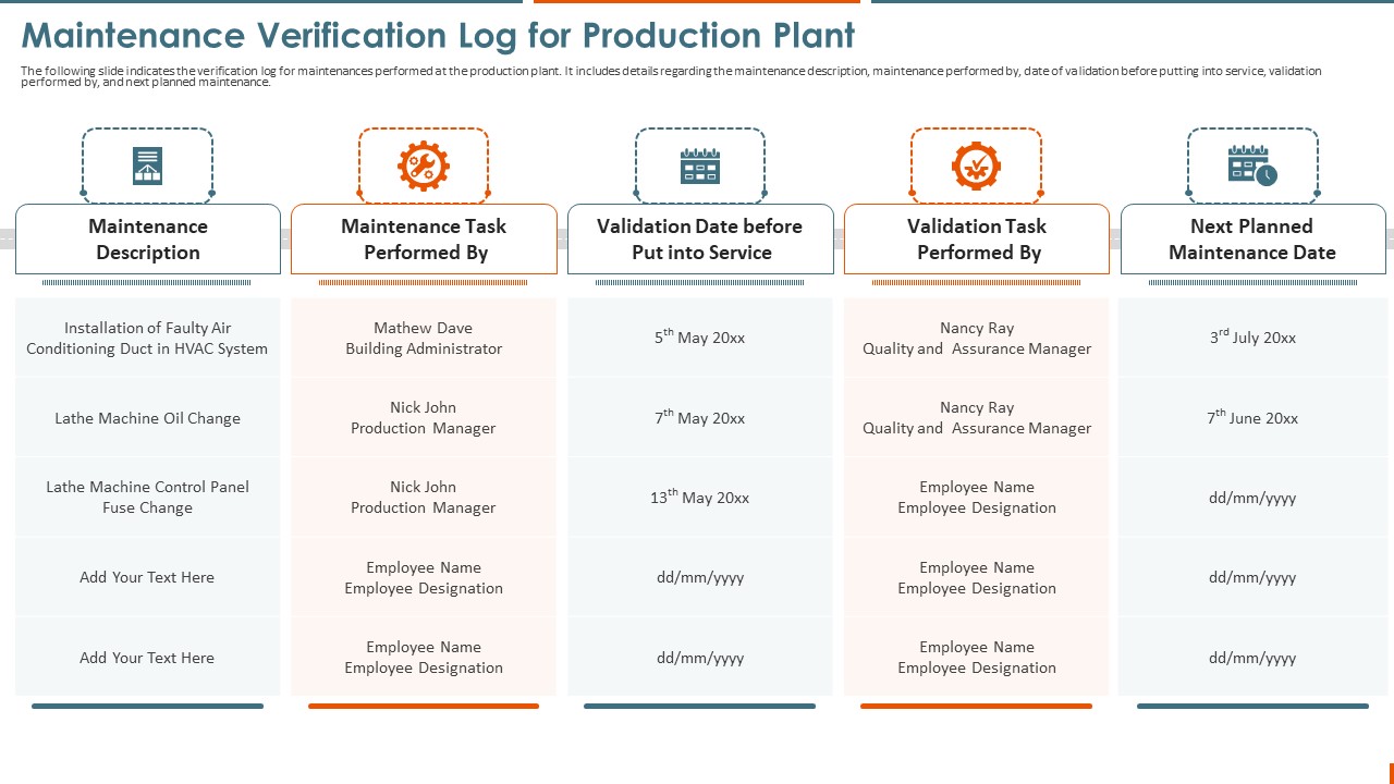 Maintenance Administration Maintenance Verification Log For Production Plant Designs PDF