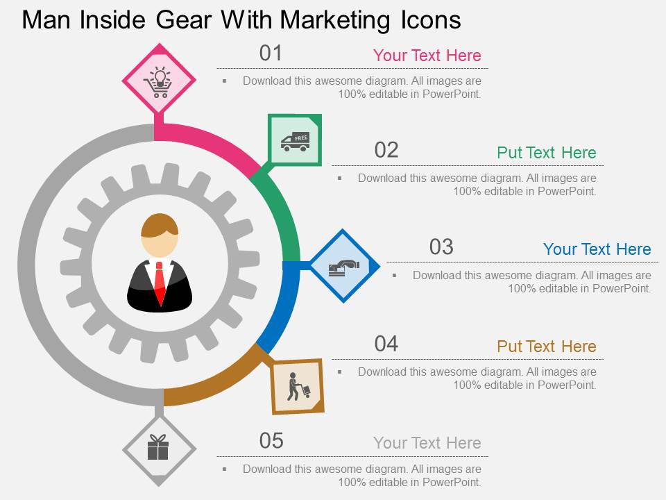 Man Inside Gear With Marketing Icons Powerpoint Template