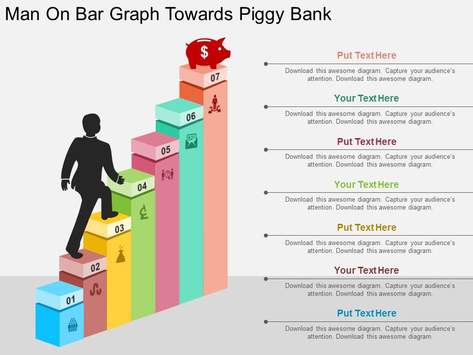 Man On Bar Graph Towards Piggy Bank Powerpoint Templates
