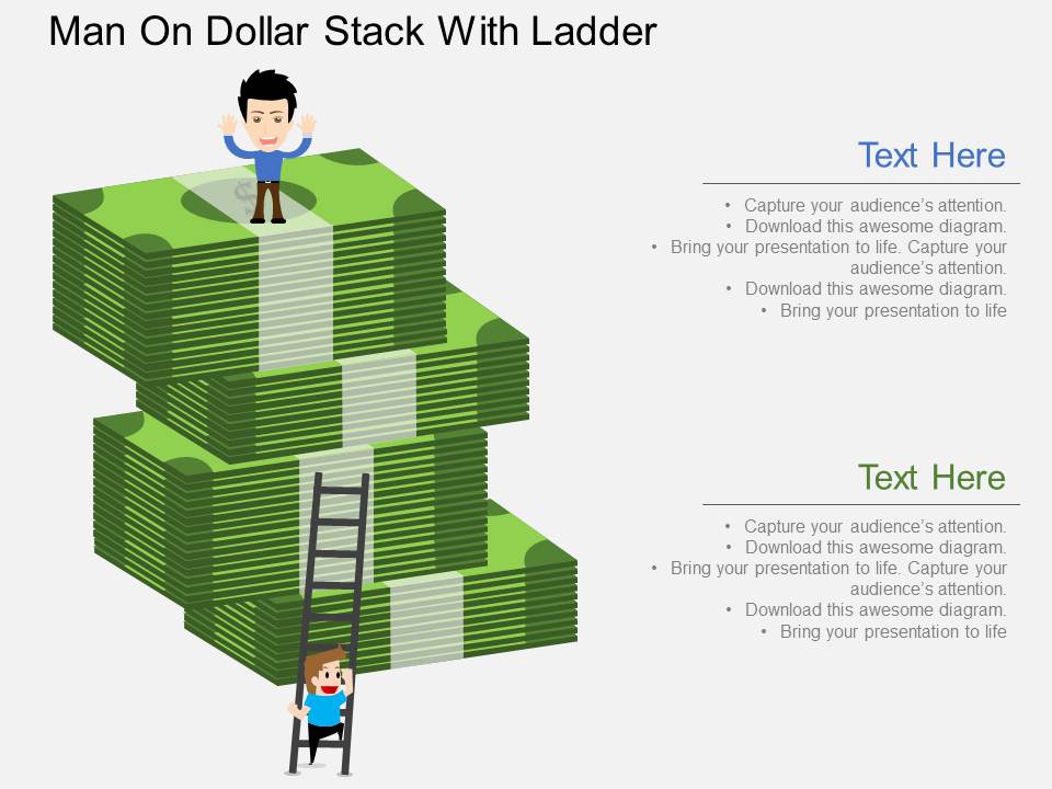 Man On Dollar Stack With Ladder Powerpoint Template