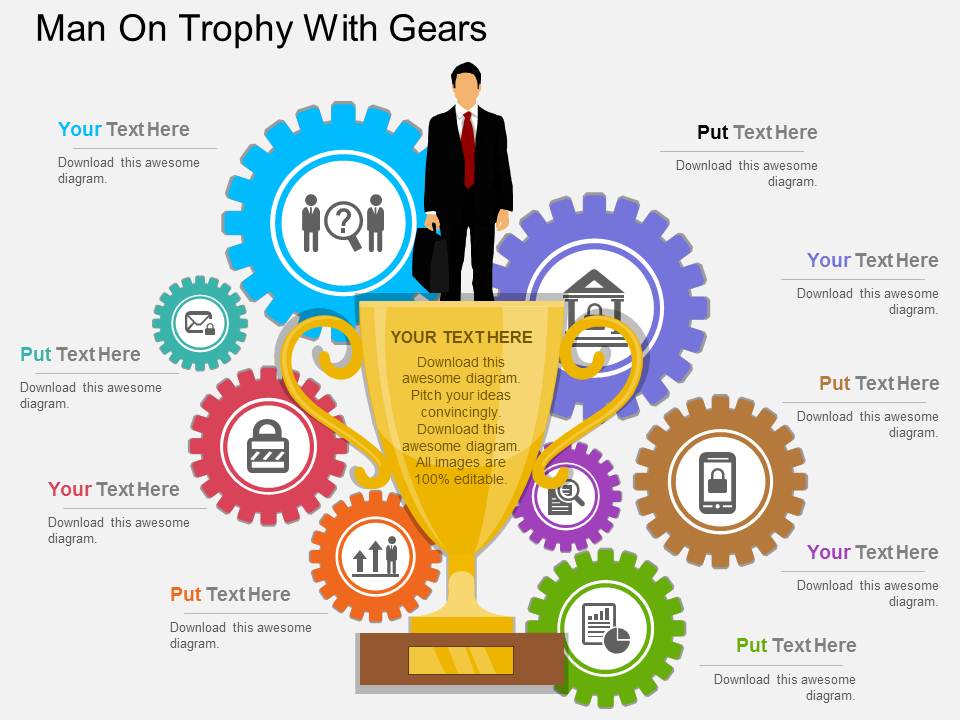 Man On Trophy With Gears Powerpoint Template