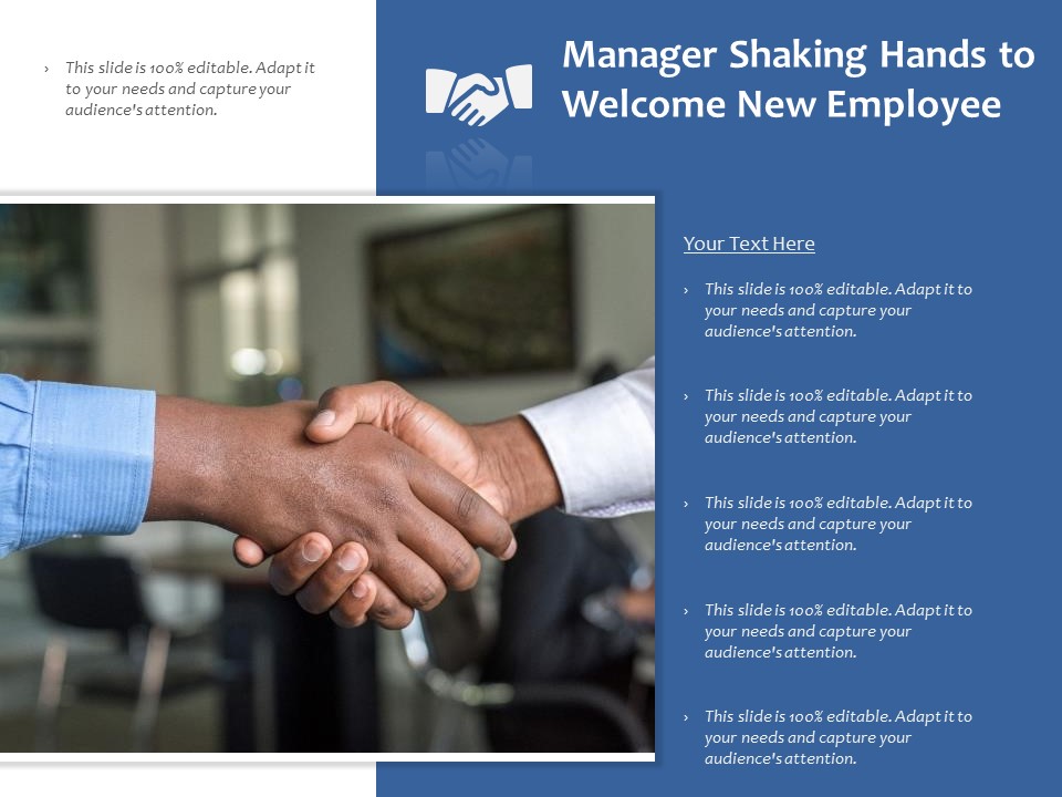 Manager Shaking Hands To Welcome New Employee Ppt PowerPoint Presentation Styles Objects PDF