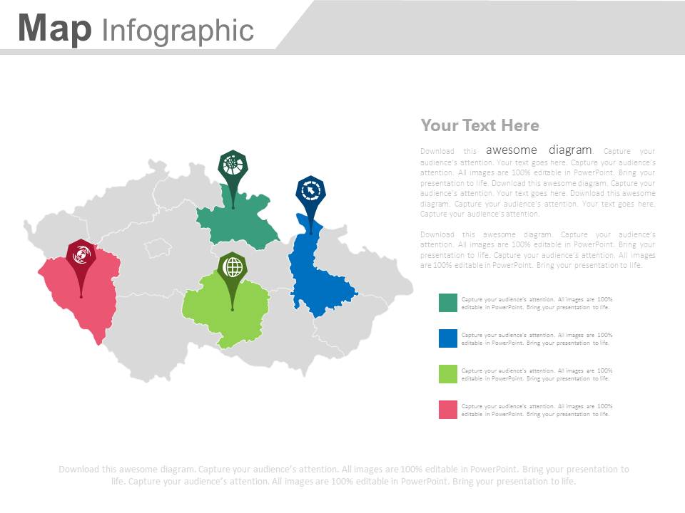 Map Infographics With Four Location Pointers Powerpoint Slides