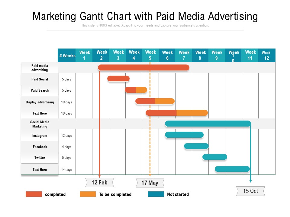 Marketing Gantt Chart With Paid Media Advertising Ppt PowerPoint Presentation File Objects PDF