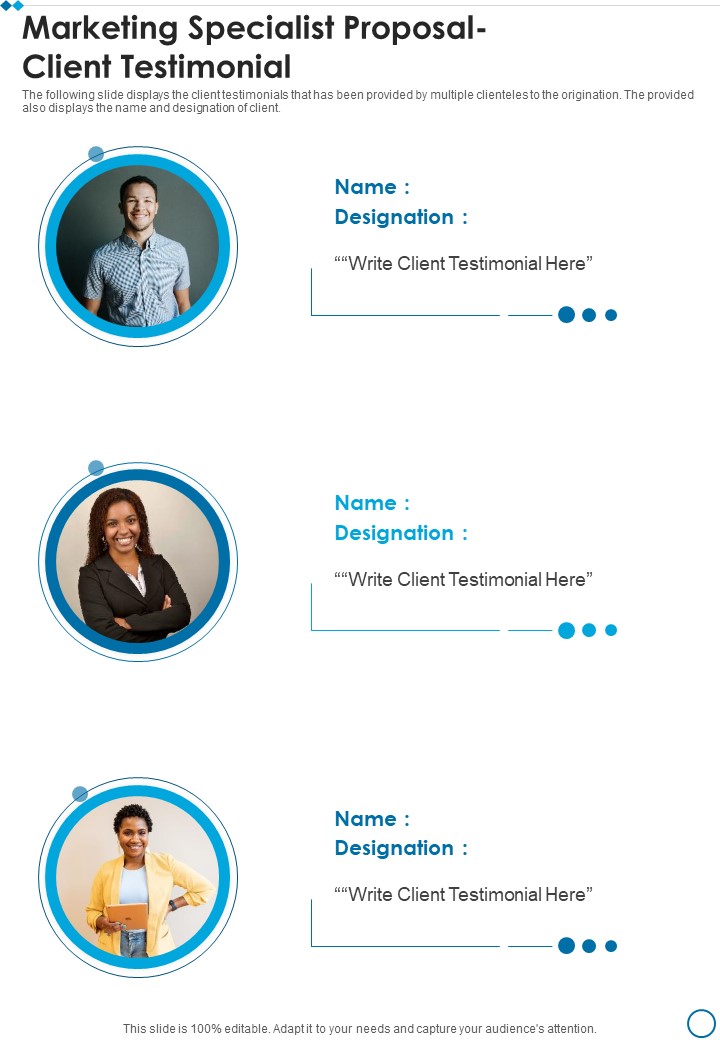 Marketing Specialist Proposal Client Testimonial One Pager Sample Example Document