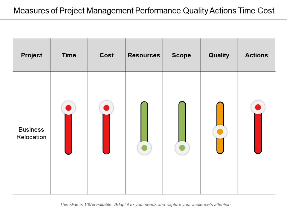 Measures Of Project Management Performance Quality Actions Time Cost Ppt PowerPoint Presentation Styles Icons