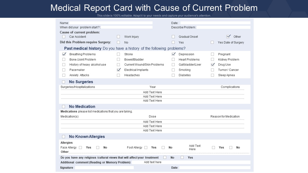 Medical Report Card With Cause Of Current Problem Ppt Icon Example File PDF