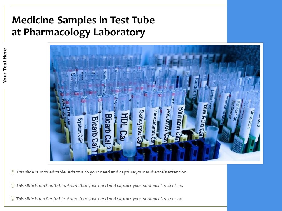 Medicine Samples In Test Tube At Pharmacology Laboratory Ppt PowerPoint Presentation Show Graphic Images PDF