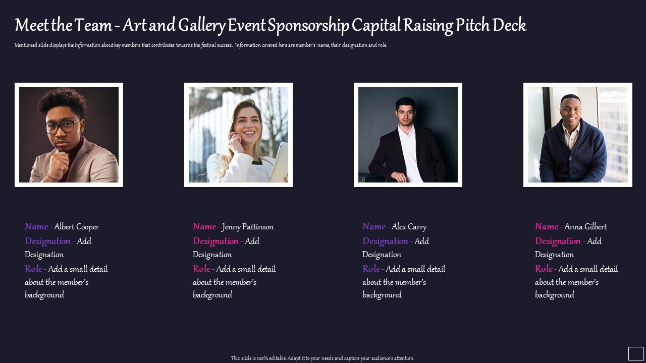 Meet The Team Art And Gallery Event Sponsorship Capital Raising Pitch Deck Structure PDF