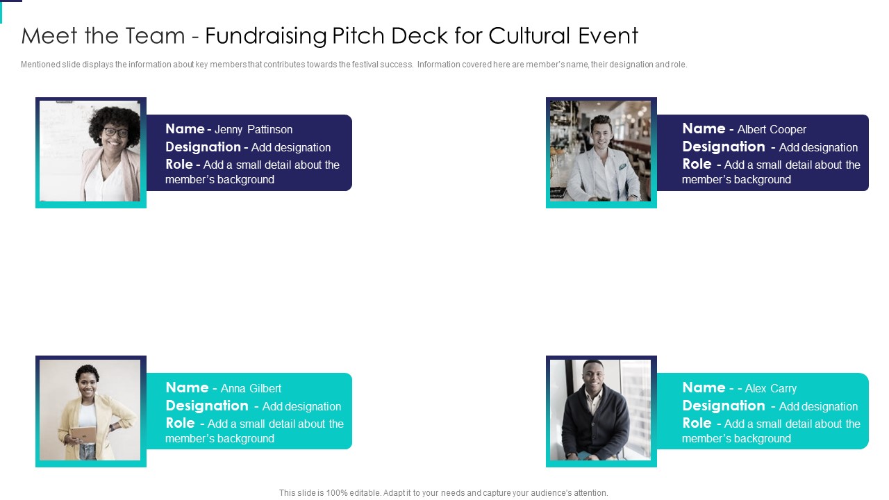 Meet The Team Fundraising Pitch Deck For Cultural Event Ideas PDF