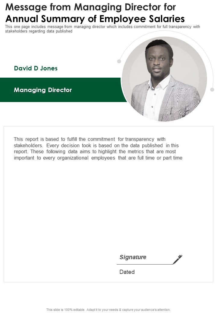 Message From Managing Director For Annual Summary Of Employee Salaries One Pager Documents