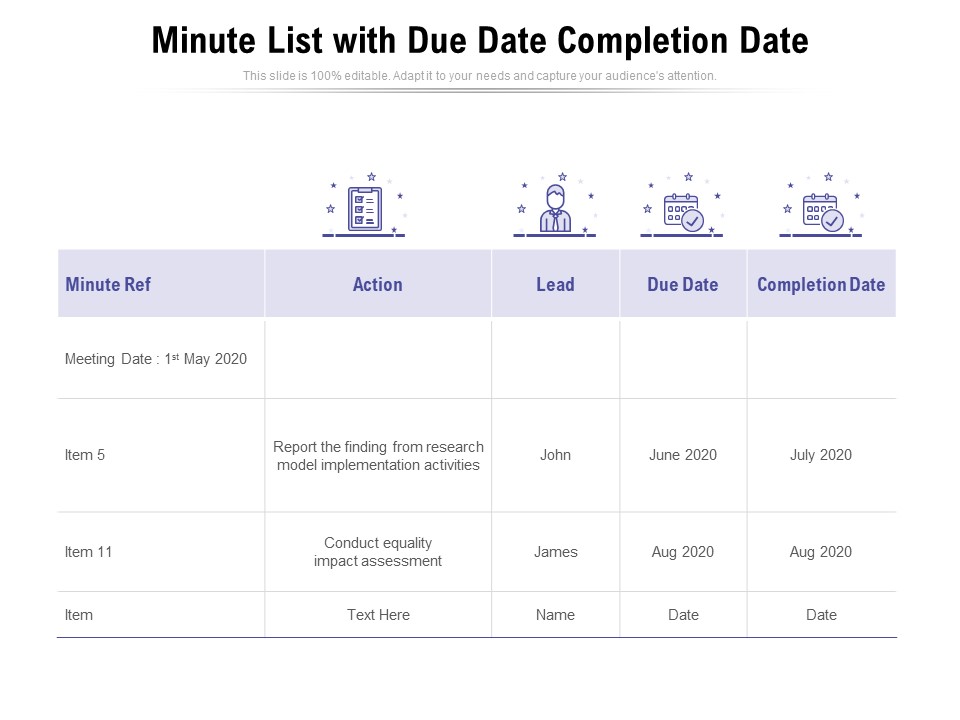 Minute List With Due Date Completion Date Ppt PowerPoint Presentation Gallery Designs Download