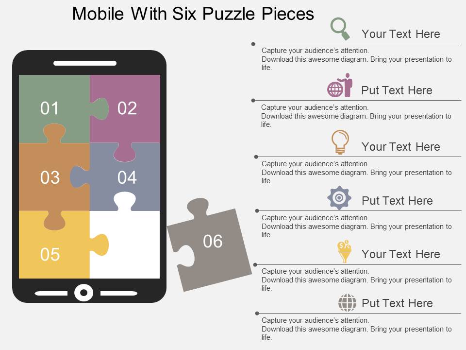 Mobile With Six Puzzle Pieces Powerpoint Template