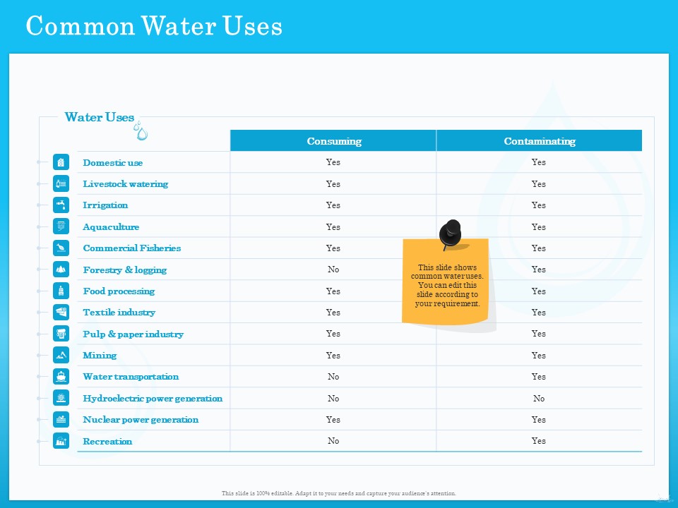 Monitoring And Evaluating Water Quality Common Water Uses Ppt PowerPoint Presentation Ideas File Formats PDF
