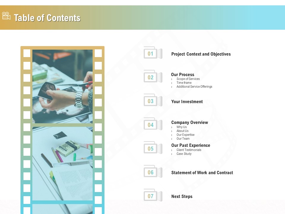 Movie Making Solutions Table Of Contents Ppt Show Information PDF