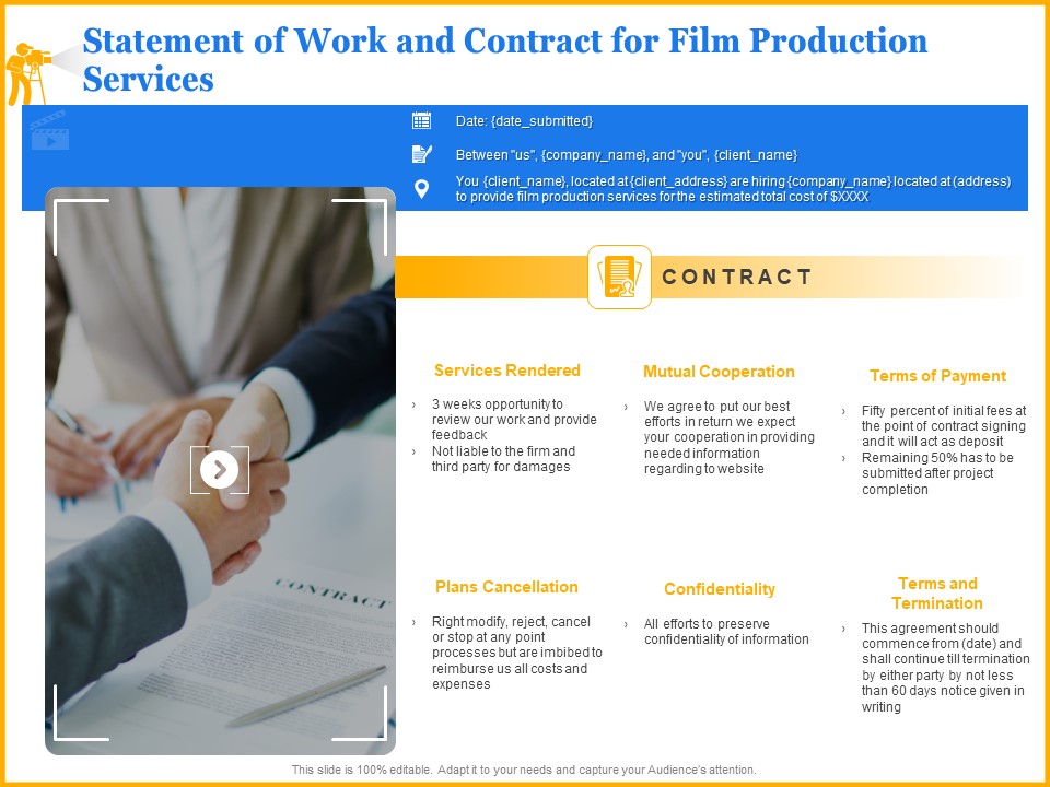 Movie Production Proposal Template Statement Of Work And Contract For Film Production Services Formats PDF