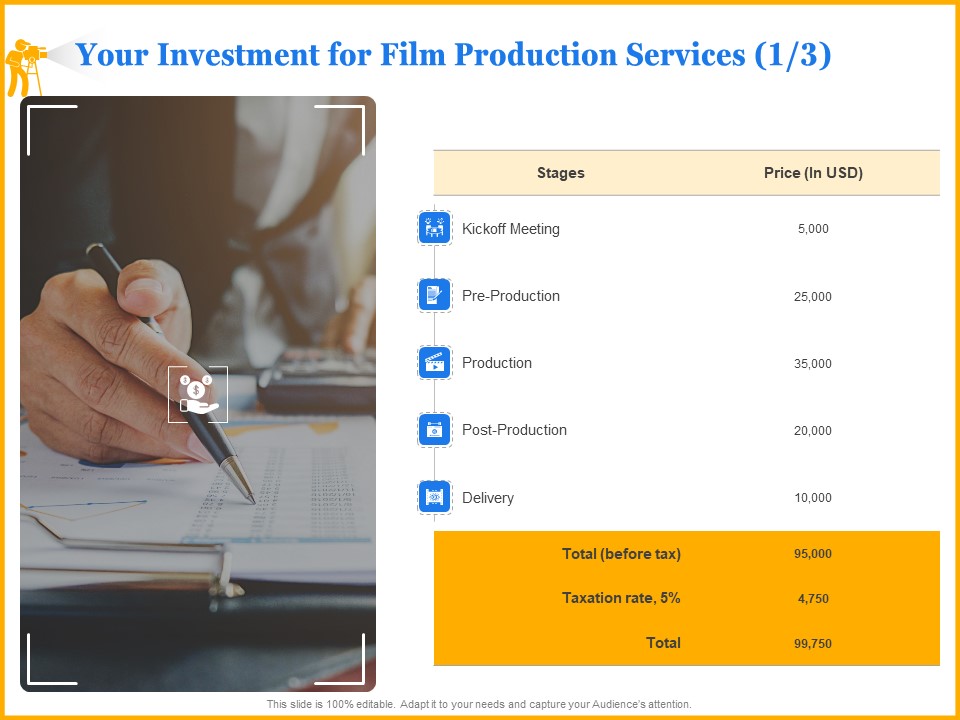 Movie Production Proposal Template Your Investment For Film Production Services Delivery Themes PDF
