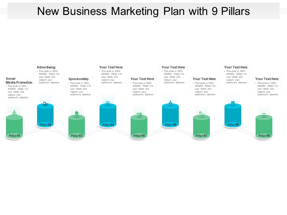 New Business Marketing Plan With 9 Pillars Ppt PowerPoint Presentation Slides Examples PDF
