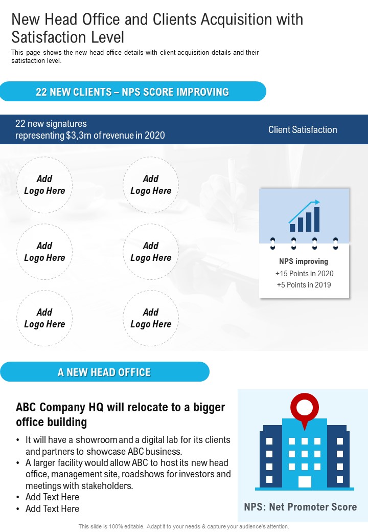 New Head Office And Clients Acquisition With Satisfaction Level One Pager Documents