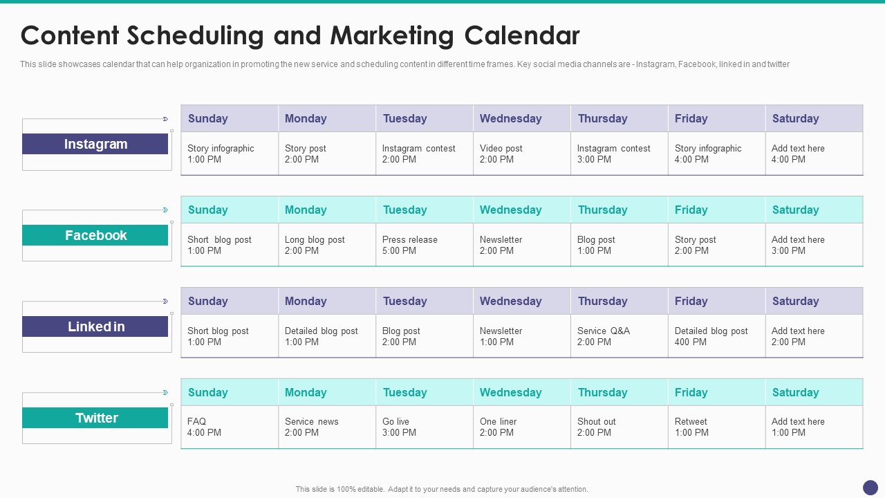 New Service Launch And Development Strategy To Gain Market Share Content Scheduling And Marketing Calendar Designs PDF