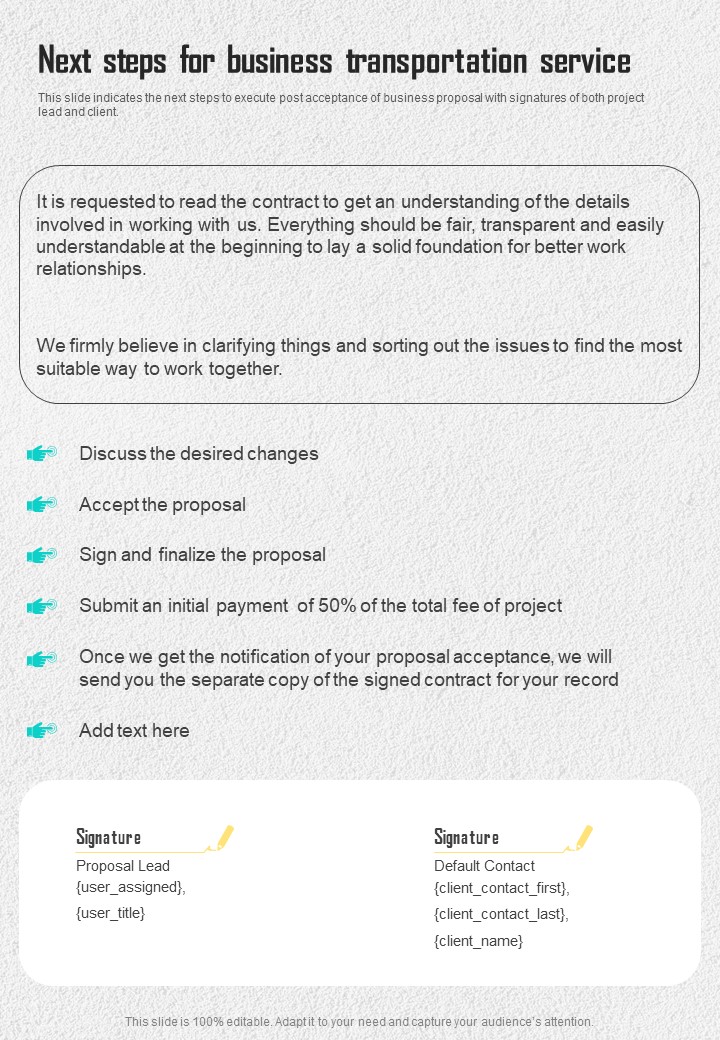 Next Steps For Business Transportation Service One Pager Sample Example Document