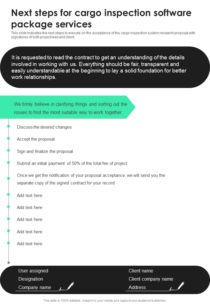 Next Steps For Cargo Inspection Software Package Services One Pager Sample Example Document