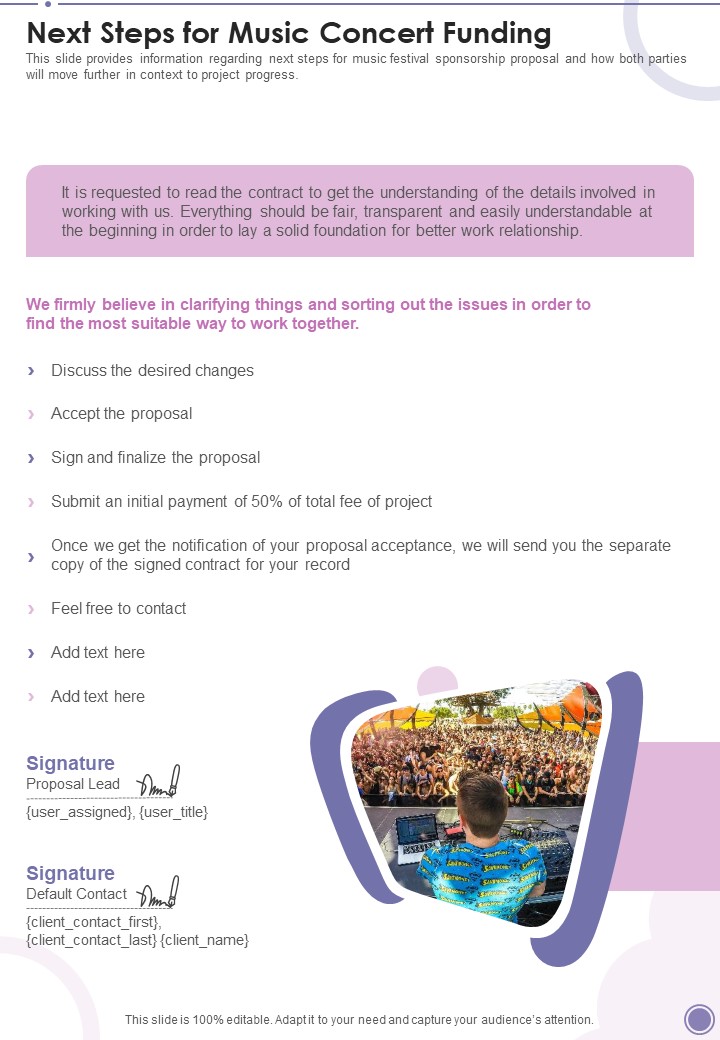 Next Steps For Music Concert Funding One Pager Sample Example Document