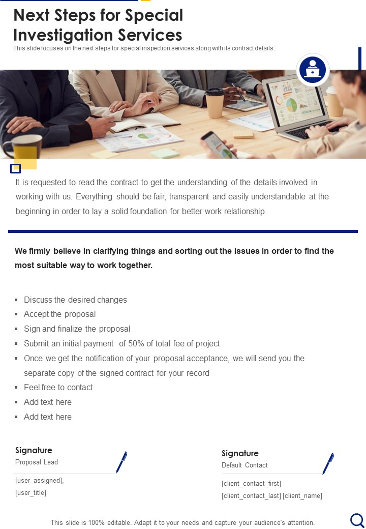 Next Steps For Special Investigation Services One Pager Sample Example Document