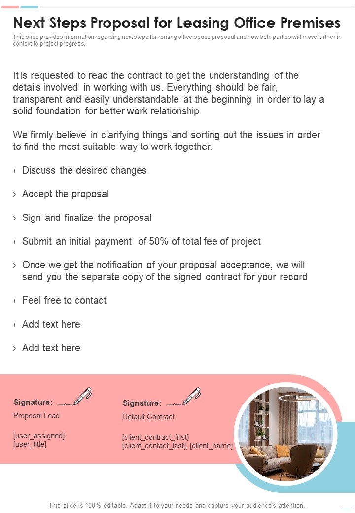 Next Steps Proposal For Leasing Office Premises One Pager Sample Example Document