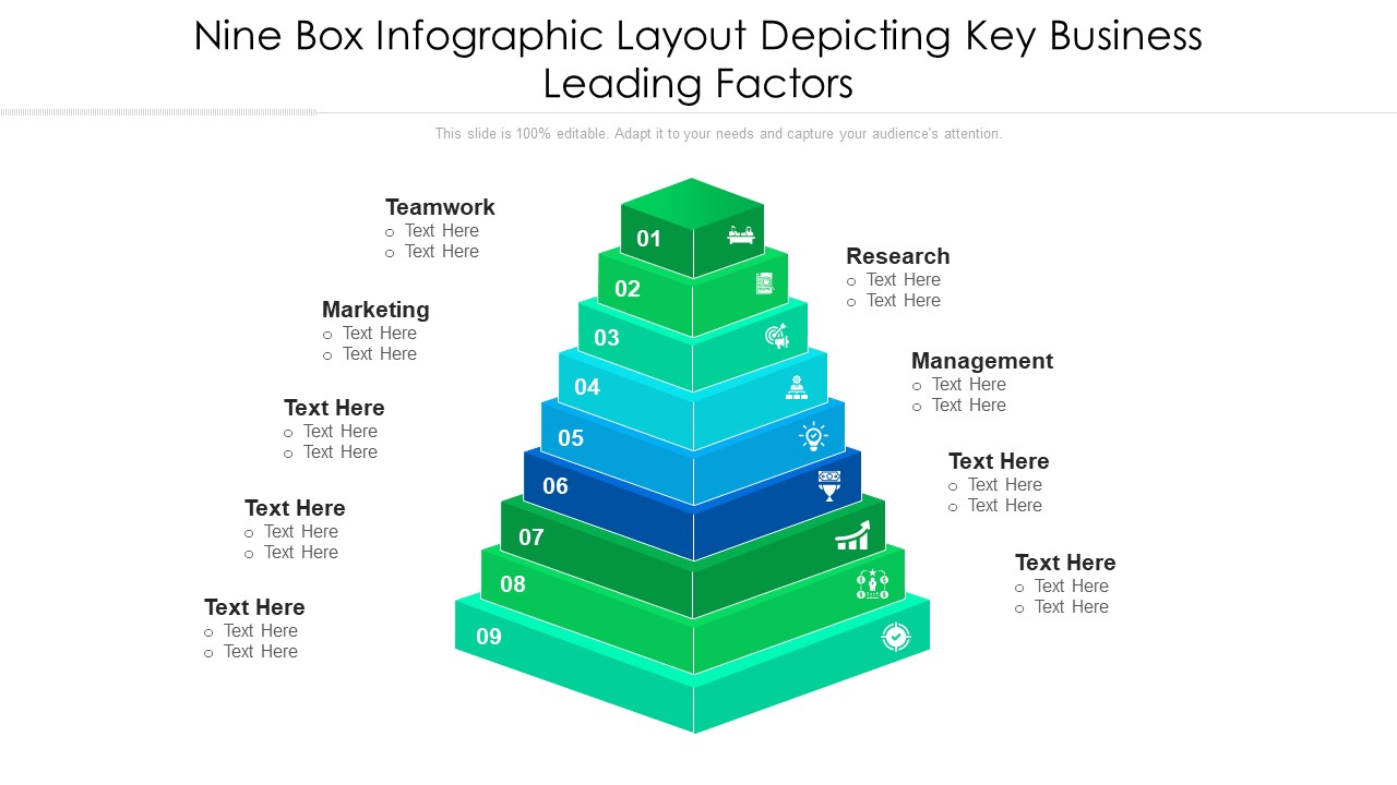 Nine Box Infographic Layout Depicting Key Business Leading Factors Ppt PowerPoint Presentation File Slideshow PDF