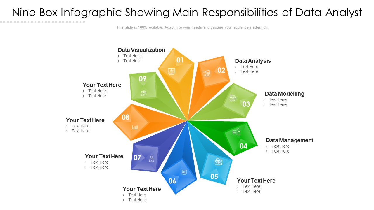 Nine Box Infographic Showing Main Responsibilities Of Data Analyst Ppt PowerPoint Presentation Gallery Ideas PDF