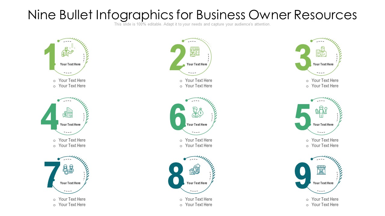 Nine Bullet Infographics For Business Owner Resources Ppt PowerPoint Presentation Infographic Template Background Image PDF