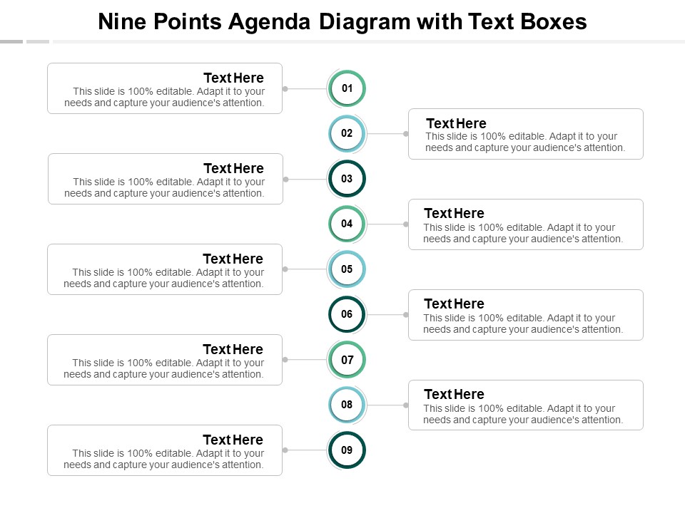 Nine Points Agenda Diagram With Text Boxes Ppt PowerPoint Presentation Gallery Infographic Template