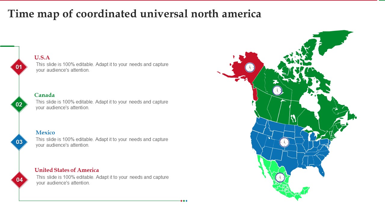 North America Map With Various Coordinated Universal Time Ppt Model Slide Portrait PDF