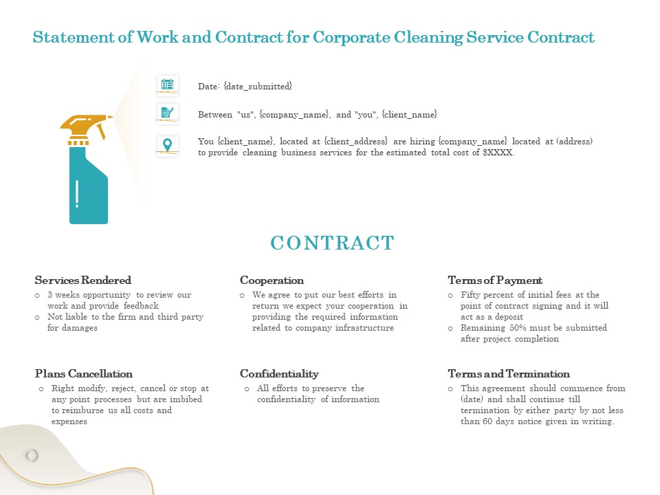 Office Cleaning Service Statement Of Work And Contract For Corporate Cleaning Service Contract Slides PDF