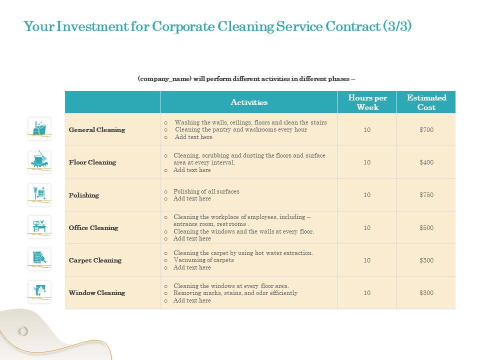 Office Cleaning Service Your Investment For Corporate Contract Ppt Slides Deck PDF