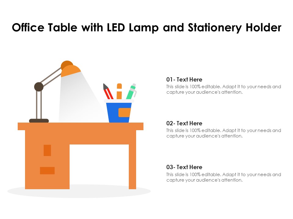 Office Table With LED Lamp And Stationery Holder Ppt PowerPoint Presentation Icon Background Images PDF