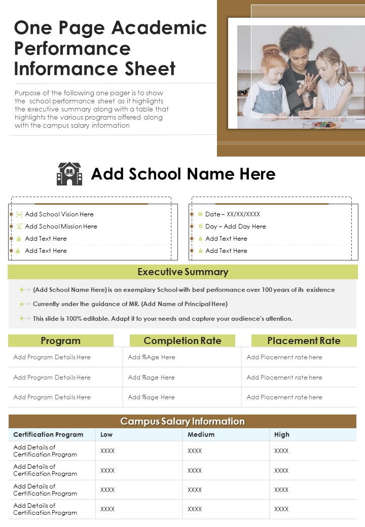 One Page Academic Performance Informance Sheet PDF Document PPT Template