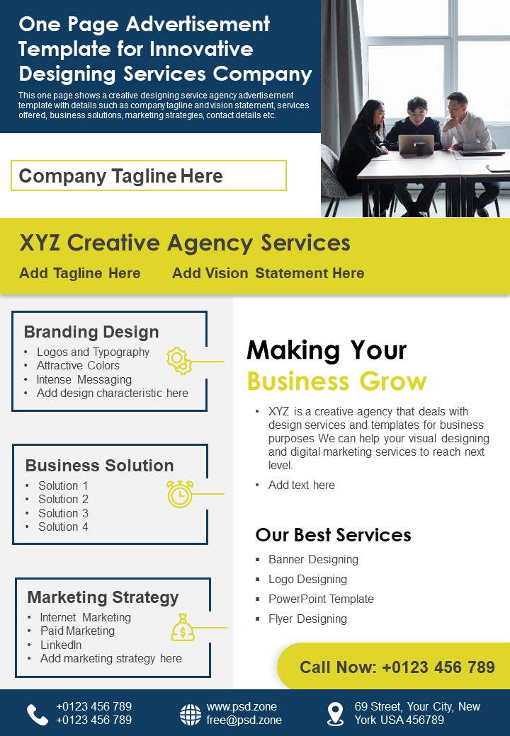One Page Advertisement Template For Innovative Designing Services Company PDF Document PPT Template