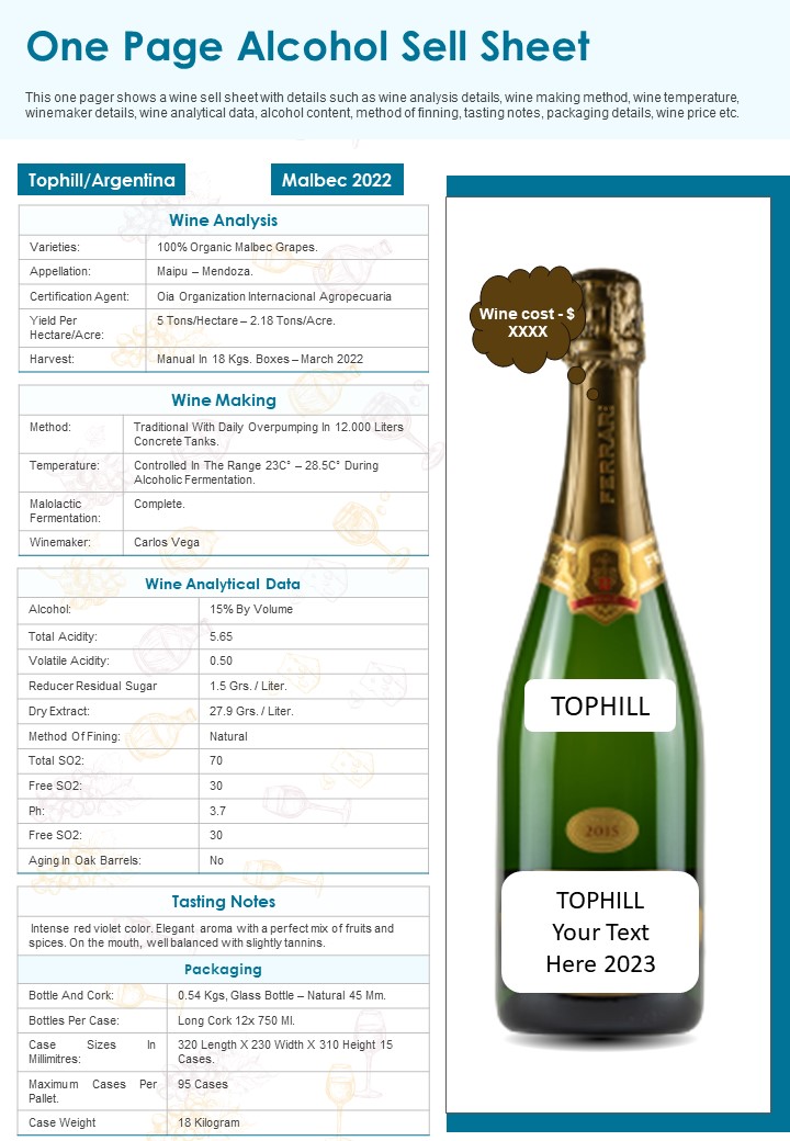 One Page Alcohol Sell Sheet PDF Document PPT Template